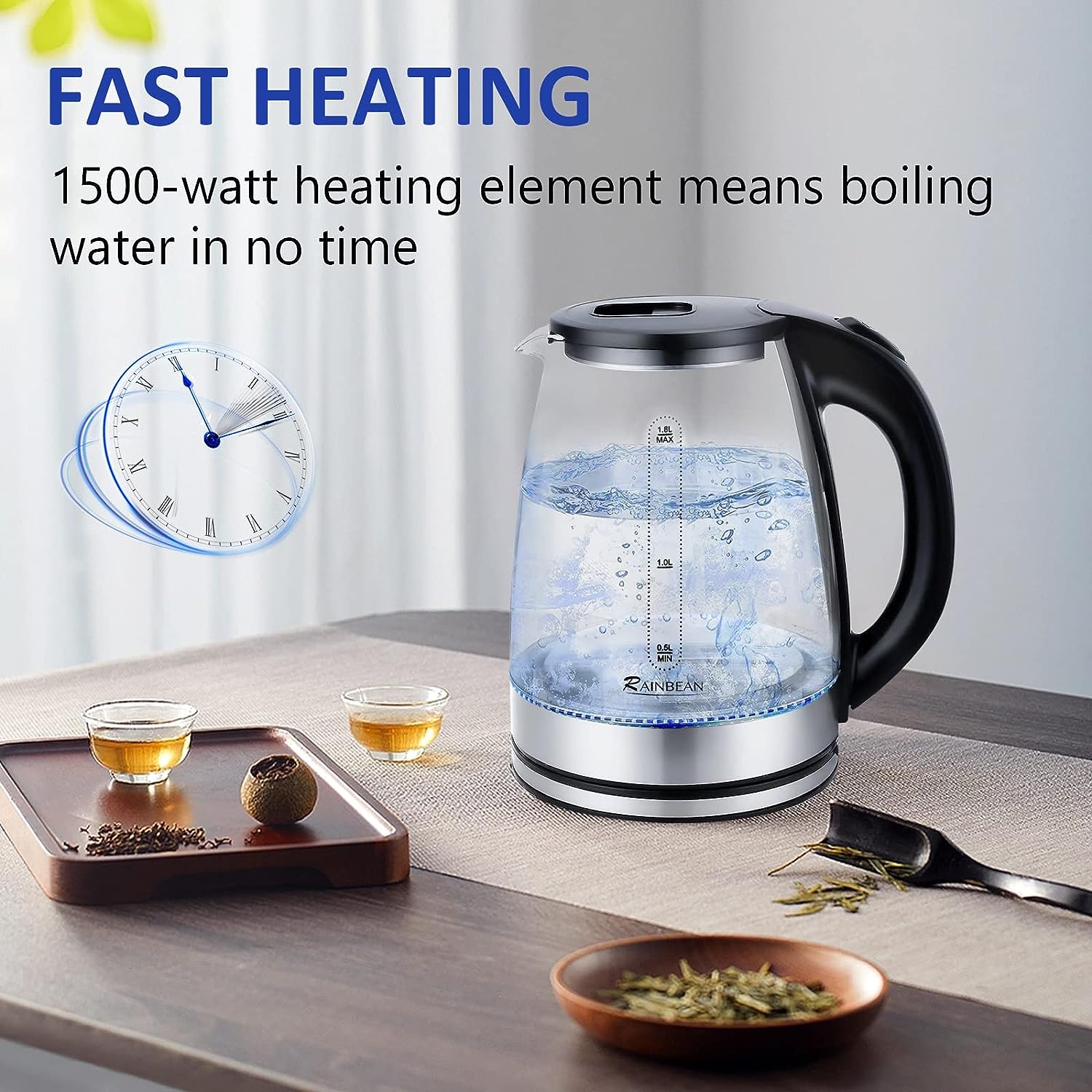 Electric Kettle Water Boiler | 1.8L Tea Kettle | LED Light | Auto Shut-Off | Boil Dry Protection | Glass
