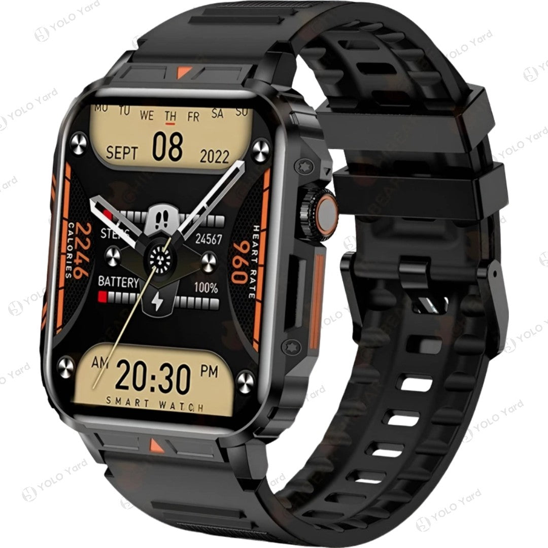 Black smart watch with 1.95-inch full-touch display, showcasing health metrics, fitness tracking, and durable design.