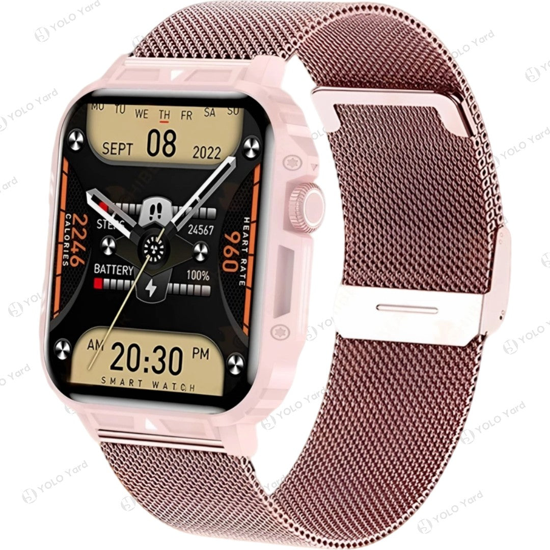 Rose gold smart watch with mesh strap, 1.95-inch full-touch display, and health monitoring features like blood pressure tracking.