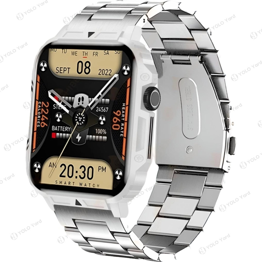 Silver smart watch with 1.95-inch full-touch display, stainless steel strap, and advanced health monitoring features.