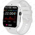 White smart watch with silicone strap, 1.95-inch full-touch display, and fitness tracking features for Android and iOS.