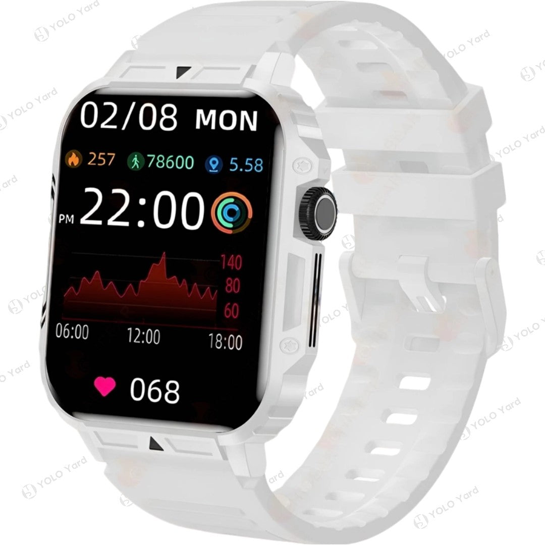 White smart watch with silicone strap, 1.95-inch full-touch display, and fitness tracking features for Android and iOS.