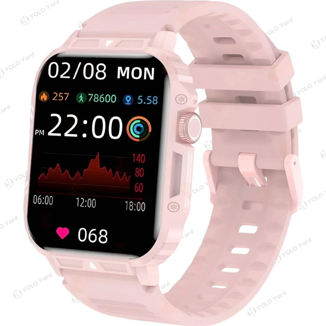 Pink smart watch with silicone strap, 1.95-inch full-touch display, and advanced health monitoring features including sleep tracking.