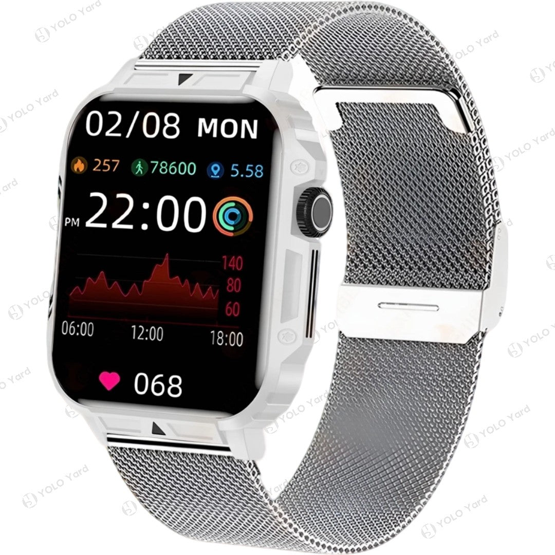 White smart watch with mesh strap, 1.95-inch full-touch display, and health tracking features including heart rate and sleep monitoring.