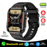 Black smart watch with silicone strap, offering Bluetooth call, IP68 waterproof rating, and advanced health monitoring.