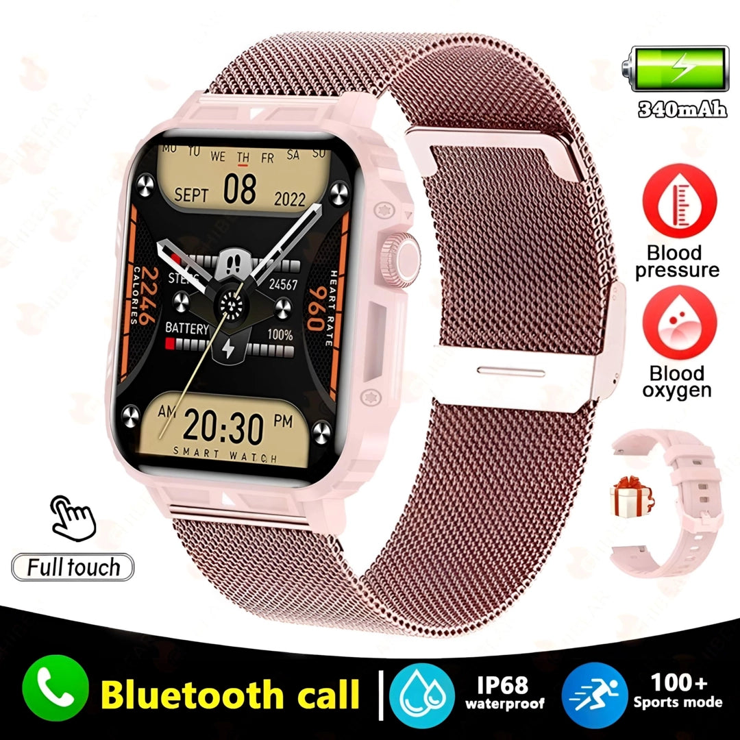 Rose gold smart watch with mesh strap, featuring Bluetooth call, IP68 waterproof rating, and 100+ sports modes.