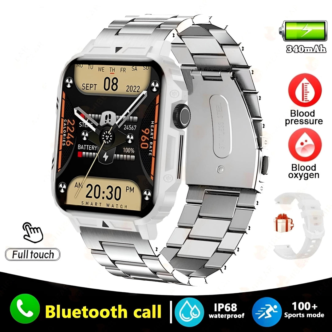 Silver smart watch with stainless steel strap, offering Bluetooth call, IP68 waterproof rating, and health monitoring features.