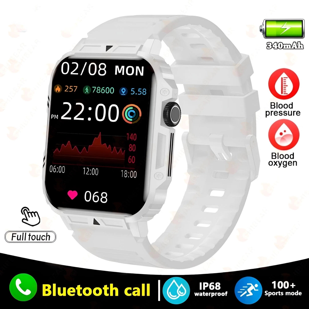 White smart watch with silicone strap, featuring Bluetooth call, IP68 waterproof rating, and advanced fitness tracking.