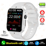 White smart watch with silicone strap, featuring Bluetooth call, IP68 waterproof rating, and advanced fitness tracking.