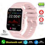 Pink smart watch with silicone strap, offering Bluetooth call, IP68 waterproof rating, and health monitoring features.