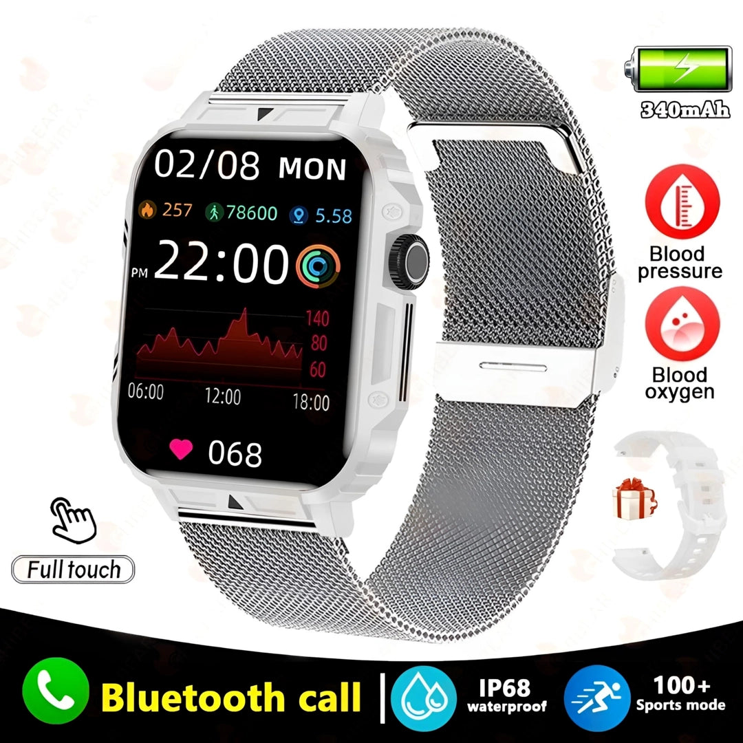 White smart watch with mesh strap, featuring Bluetooth call, IP68 waterproof rating, and 100+ sports modes.