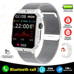 White smart watch with mesh strap, featuring Bluetooth call, IP68 waterproof rating, and 100+ sports modes.