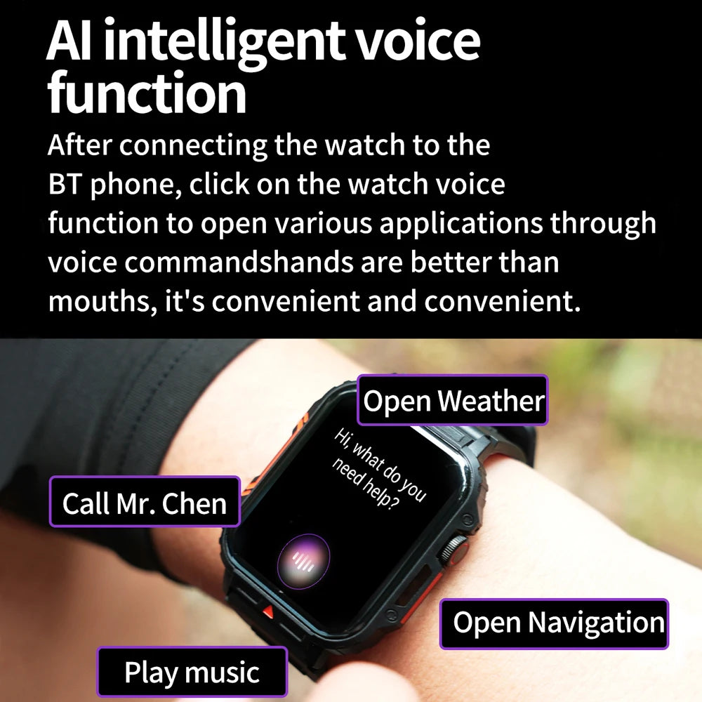 Smart watch with AI intelligent voice function, enabling hands-free control for navigation, music, and weather updates.