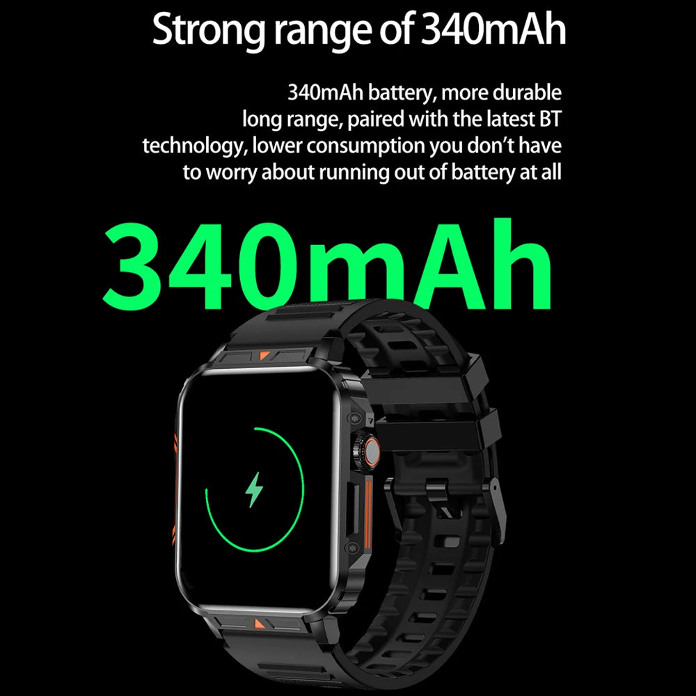 Black smart watch with 340mAh battery, offering long-lasting performance and advanced health and fitness tracking features.