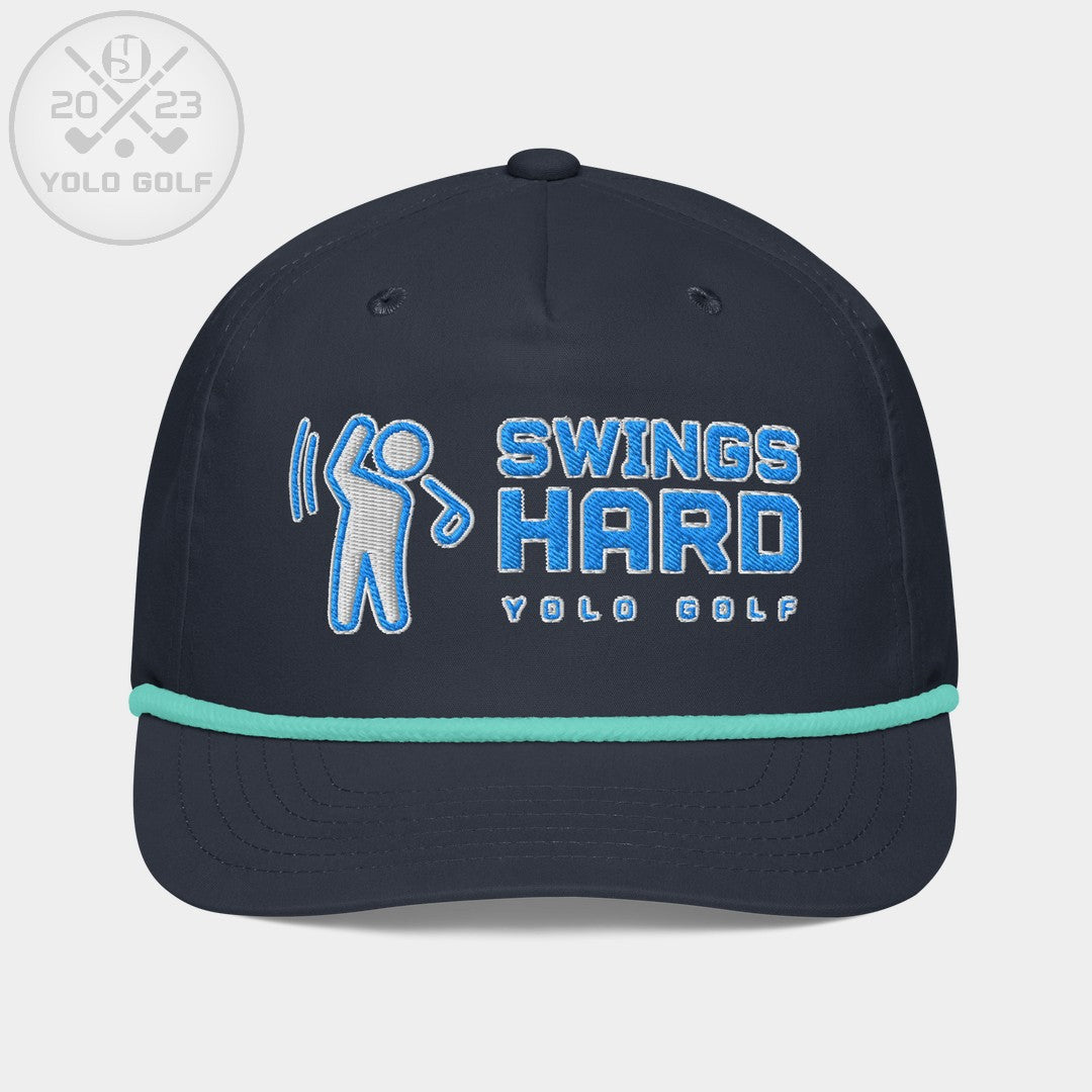 Shop "Swings Hard" Golf Rope Cap (Teal White Embroidery) on sale