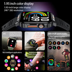 1.95-inch color display smart watch with 240x282 resolution, showcasing fitness modes, health tracking, and Bluetooth connectivity.