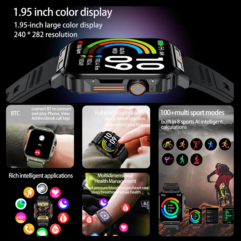 1.95-inch color display smart watch with 240x282 resolution, showcasing fitness modes, health tracking, and Bluetooth connectivity.