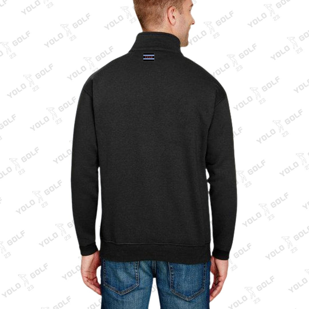 Shop Made in USA Quarter-Zip Pullover Sweater from YOLO Golf-2025. Black long-sleeve pullover with cadet collar and sleek fit for men.