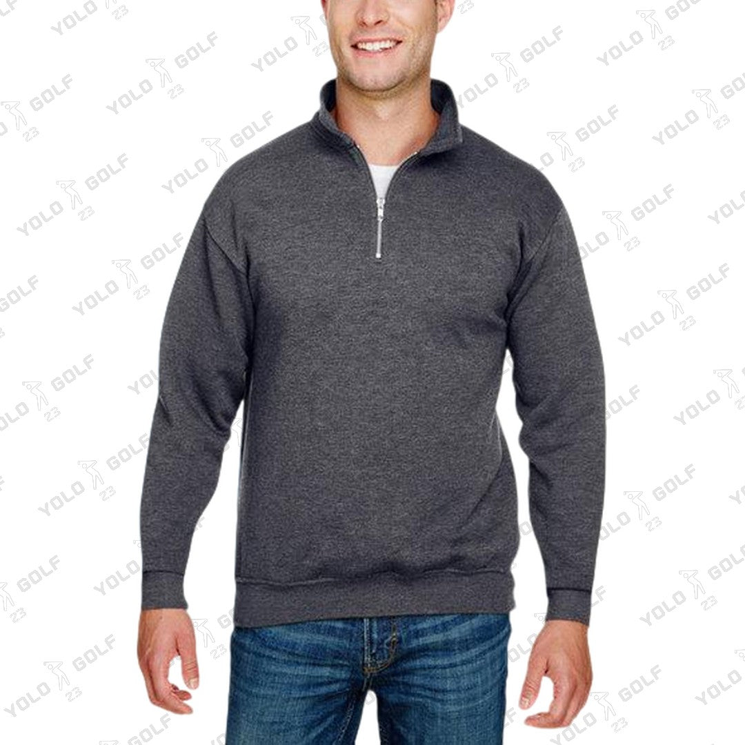 Shop Made in USA Quarter-Zip Pullover Sweater from YOLO Golf-2025. Charcoal long-sleeve pullover with cadet collar and sleek fit for men.