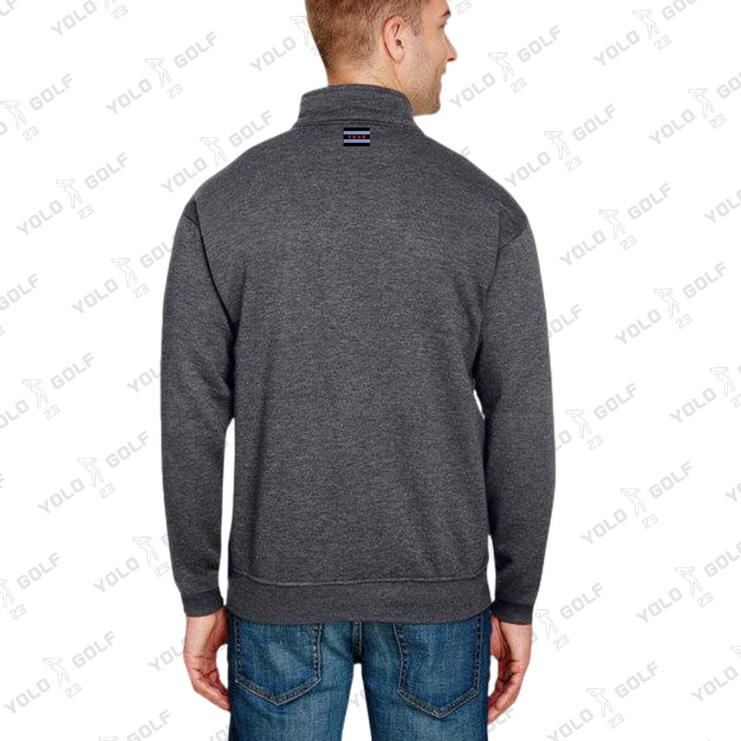 Shop Made in USA Quarter-Zip Pullover Sweater from YOLO Golf-2025. Charcoal long-sleeve pullover with cadet collar and sleek fit for men.