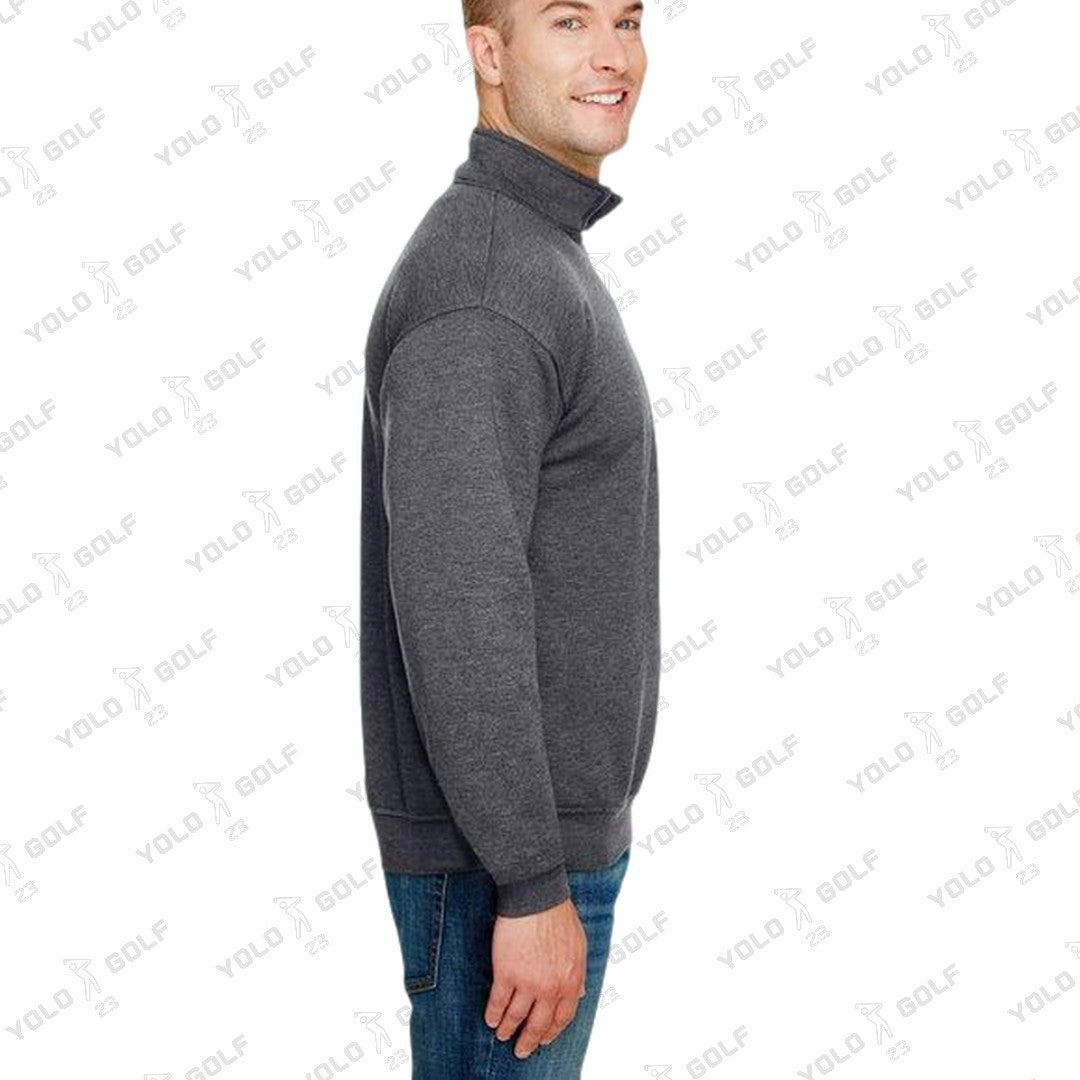 Shop Made in USA Quarter-Zip Pullover Sweater from YOLO Golf-2025. Charcoal long-sleeve pullover with cadet collar and sleek fit for men.