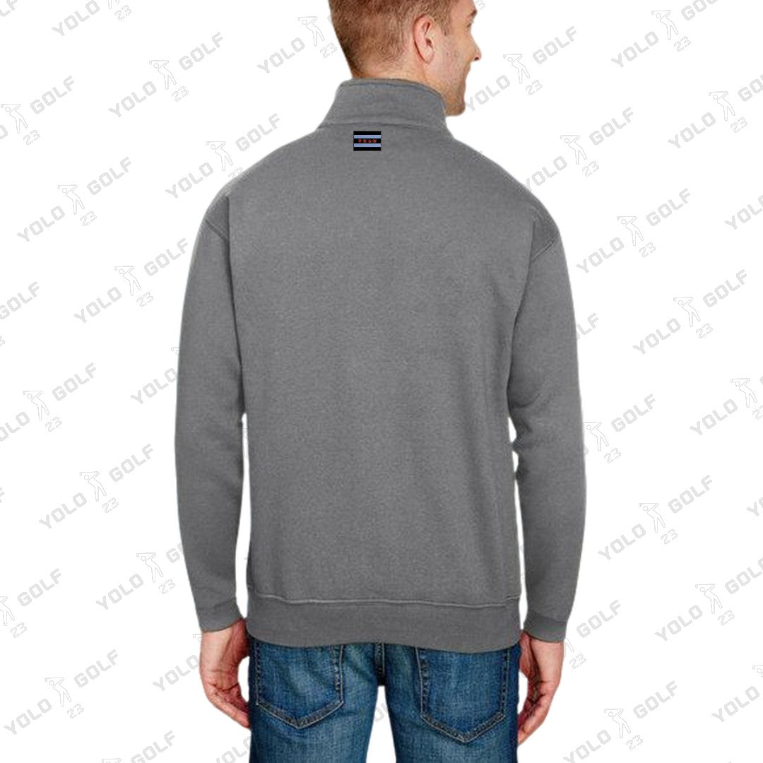 Shop Made in USA Quarter-Zip Pullover Sweater from YOLO Golf-2025. Gray long-sleeve pullover with cadet collar and sleek fit for men.