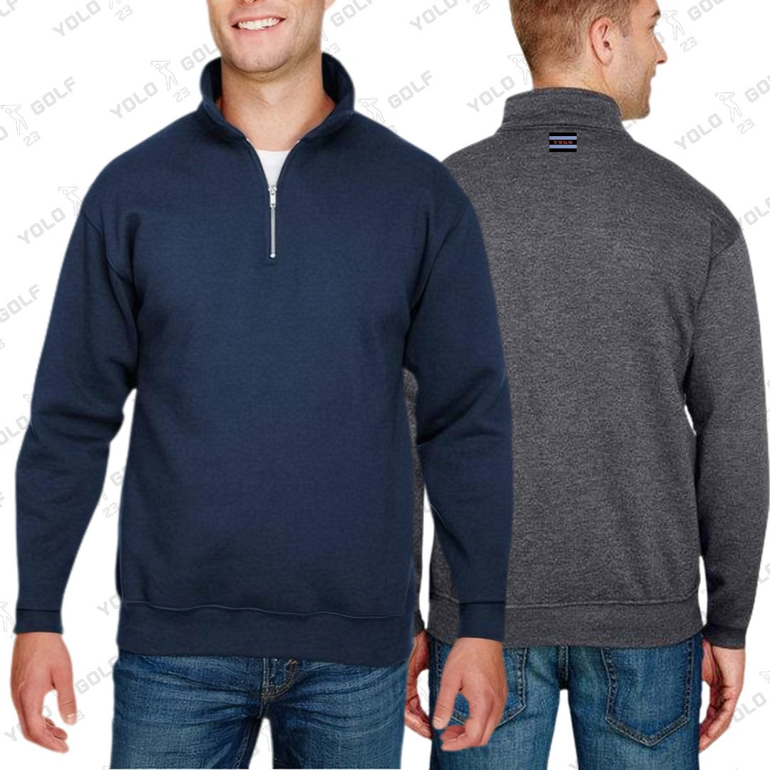 Shop Made in USA Quarter-Zip Pullover Sweater from YOLO Golf-2025. Blue Gray or Black long-sleeve pullover with cadet collar and sleek fit for men.