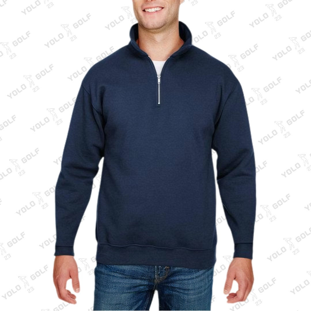 Shop Made in USA Quarter-Zip Pullover Sweater from YOLO Golf-2025. Navy long-sleeve pullover with cadet collar and sleek fit for men.