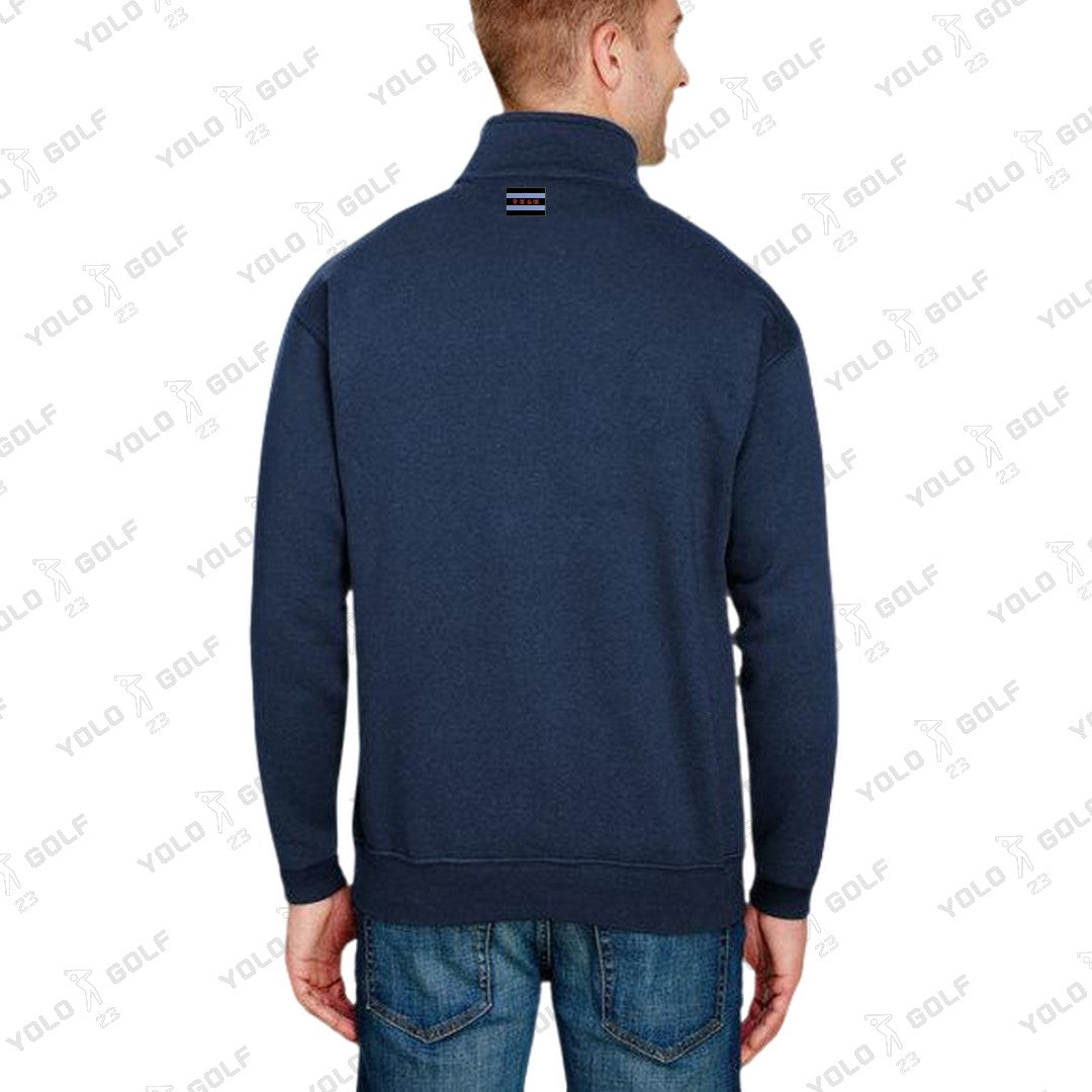 Shop Made in USA Quarter-Zip Pullover Sweater from YOLO Golf-2025. Navy long-sleeve pullover with cadet collar and sleek fit for men.