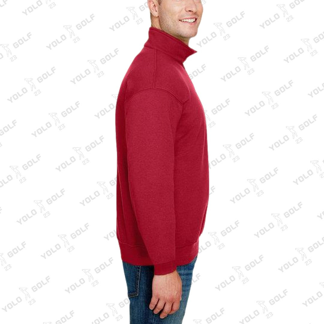 Shop Made in USA Quarter-Zip Pullover Sweater from YOLO Golf-2025. Red long-sleeve pullover with cadet collar and sleek fit for men.