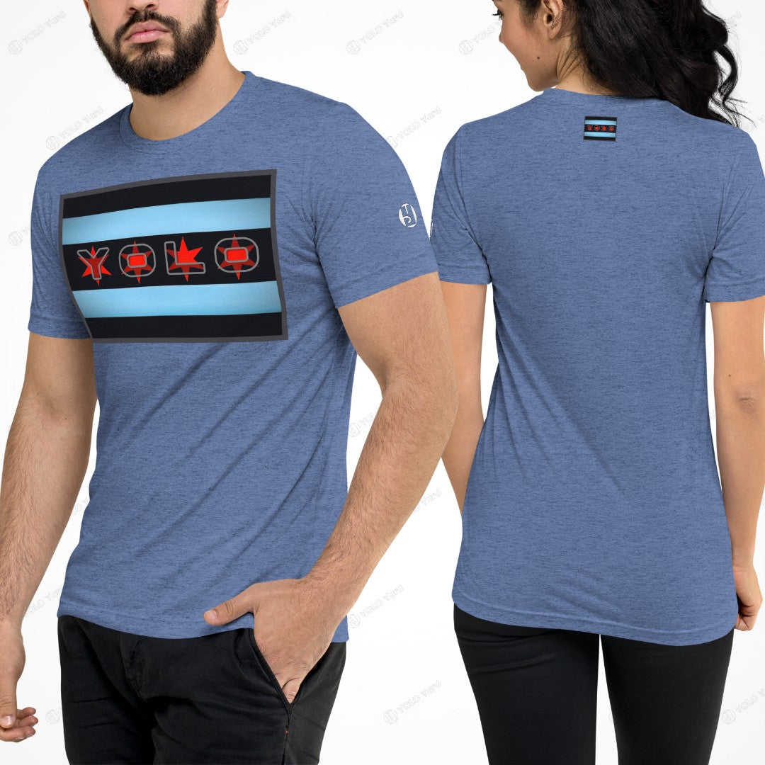 LIGHT BLUE YOLO-Chicago Flag Tri-Blend Crew Short Sleeve T-Shirt Regular Fit Unisex Soft and Lightweight