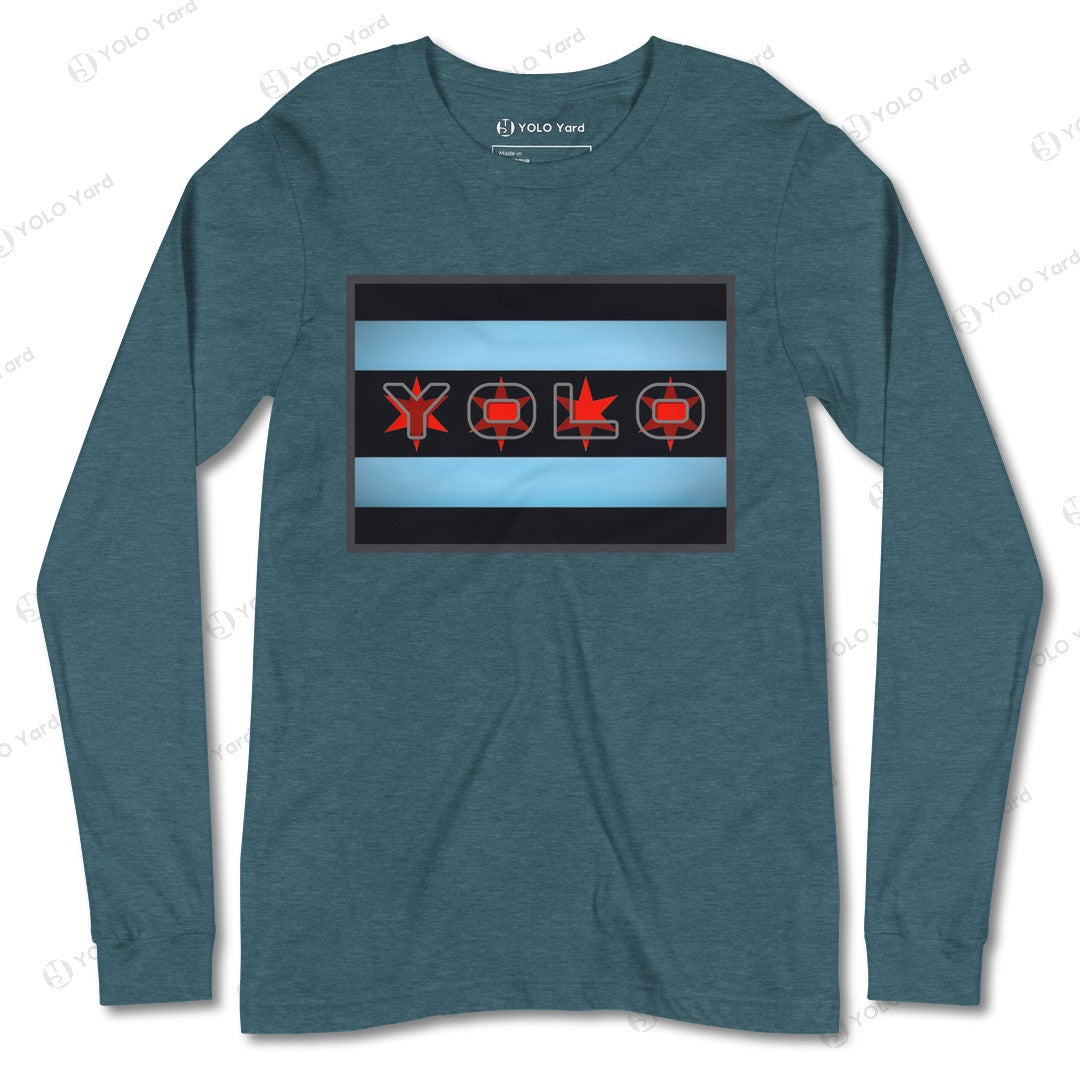 Teal YOLO-Chicago Flag Long Sleeve Crew T-Shirt showcasing a red YOLO graphic and Chicago flag-inspired design.