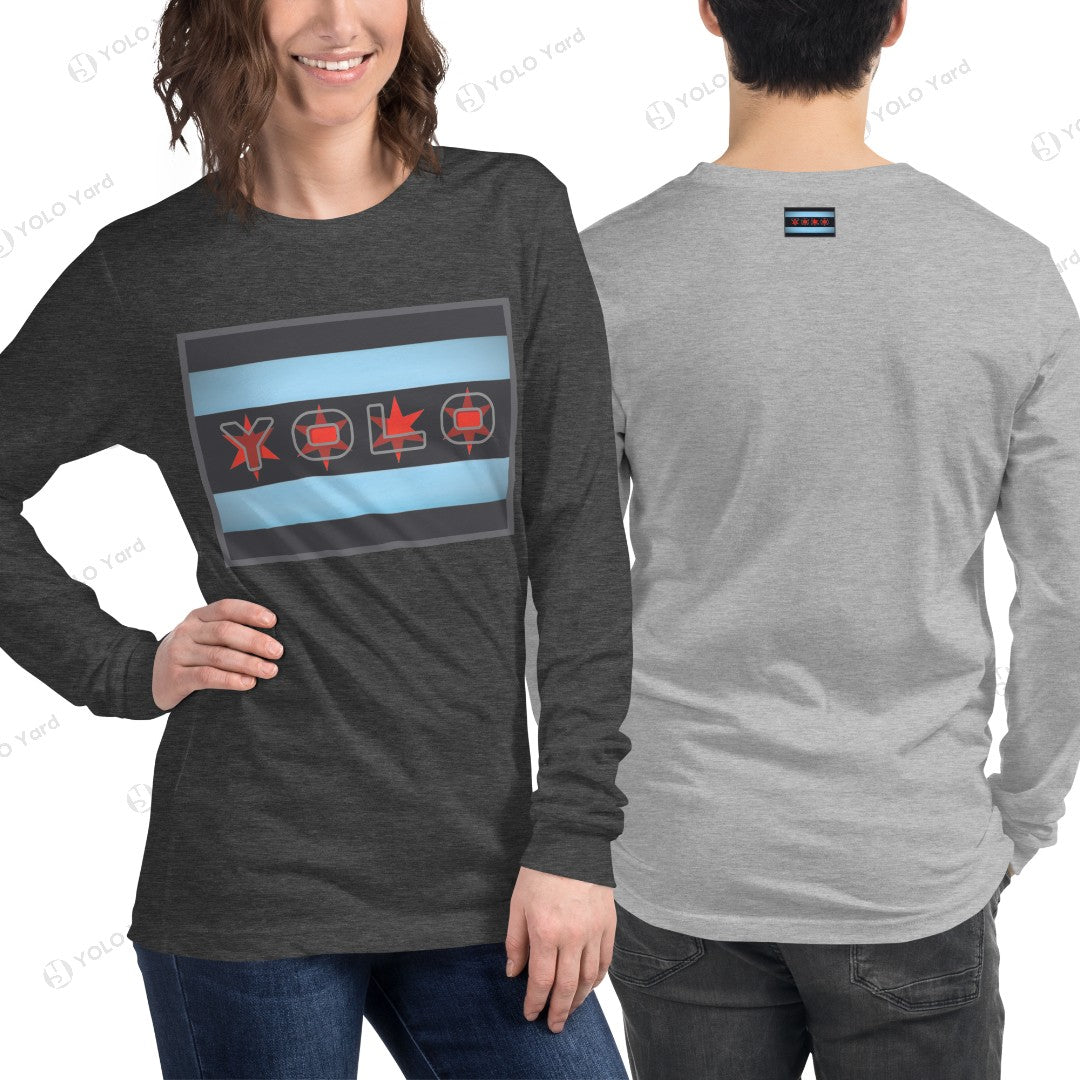 Unisex YOLO-Chicago Flag Long Sleeve Crew T-Shirt in dark gray with bold red YOLO design and Chicago flag-inspired stripes.