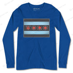 Royal blue YOLO-Chicago Flag Long Sleeve Crew T-Shirt featuring a bold red YOLO design and Chicago flag-inspired stripes.