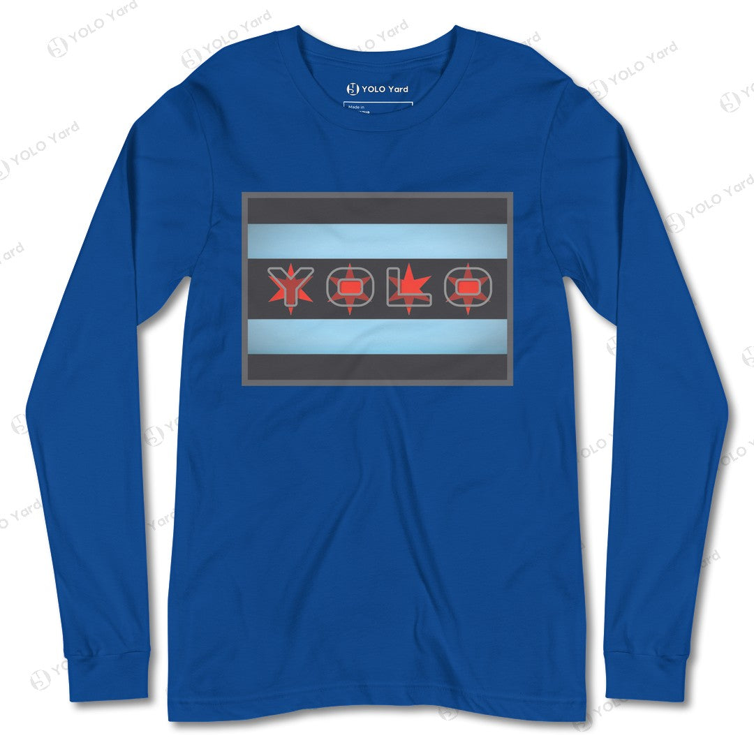 Royal blue YOLO-Chicago Flag Long Sleeve Crew T-Shirt featuring a bold red YOLO design and Chicago flag-inspired stripes.