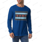 Royal blue YOLO-Chicago Flag Long Sleeve Crew T-Shirt styled with a black puffer vest, featuring a bold red YOLO logo.