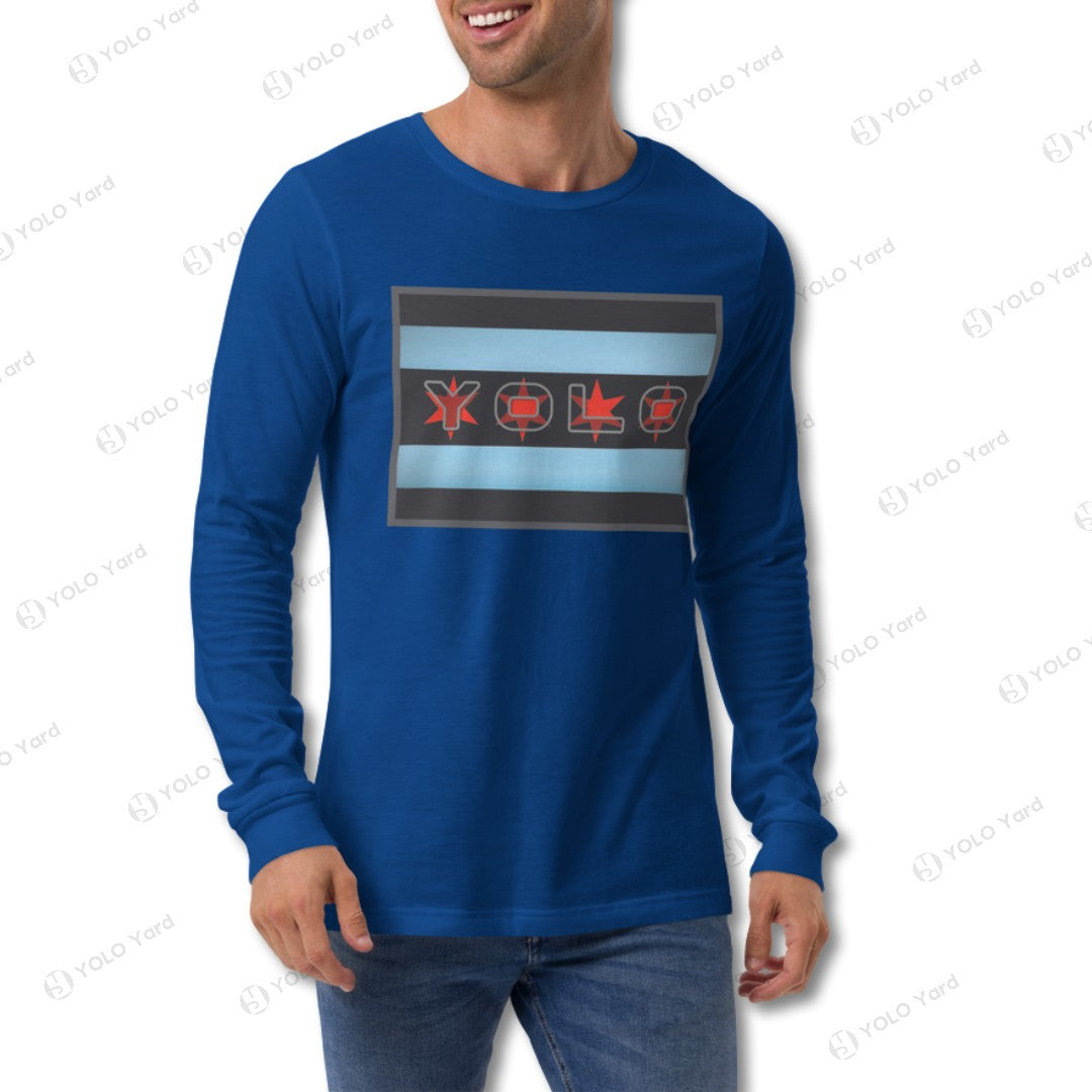 Royal blue YOLO-Chicago Flag Long Sleeve Crew T-Shirt styled with a black puffer vest, featuring a bold red YOLO logo.