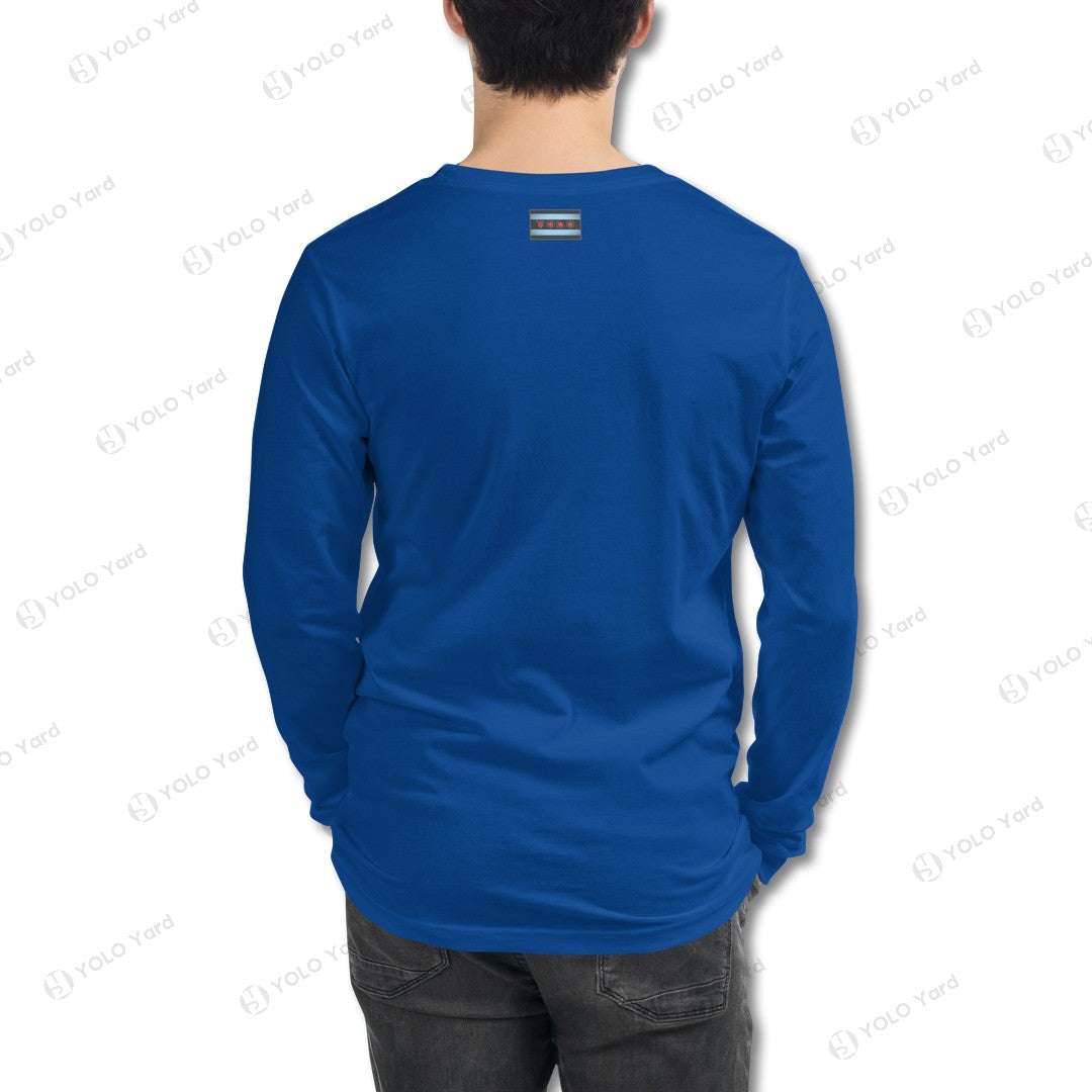 Royal blue YOLO-Chicago Flag Long Sleeve Crew T-Shirt styled with a black puffer vest, featuring a bold red YOLO logo.