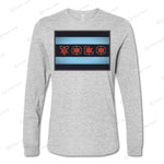 Light gray YOLO-Chicago Flag Long Sleeve Crew T-Shirt featuring a red YOLO graphic and blue Chicago flag stripes.