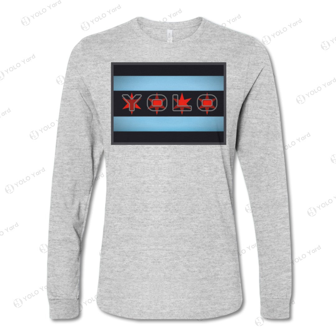 Light gray YOLO-Chicago Flag Long Sleeve Crew T-Shirt featuring a red YOLO graphic and blue Chicago flag stripes.