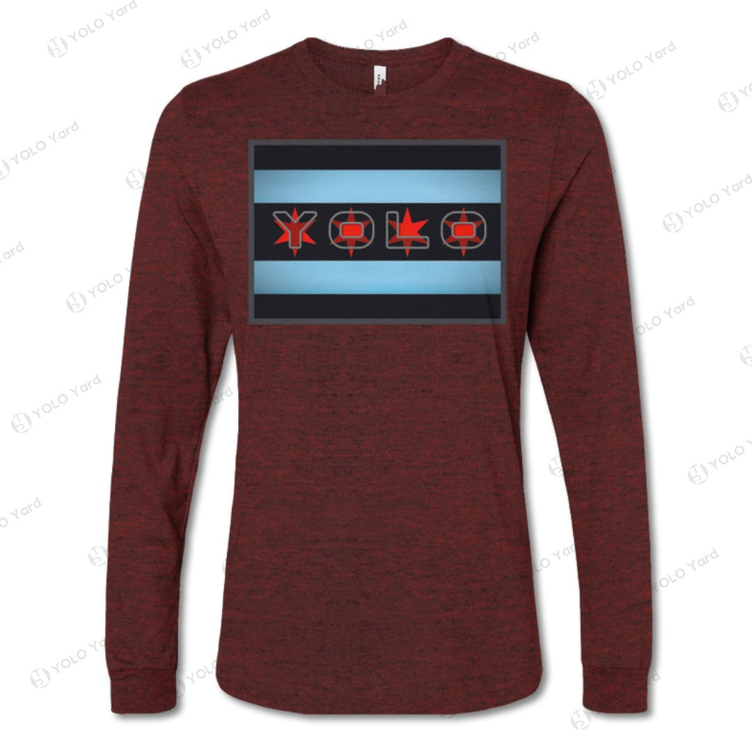 Maroon YOLO-Chicago Flag Long Sleeve Crew T-Shirt with a bold red YOLO logo and Chicago flag-inspired stripes.