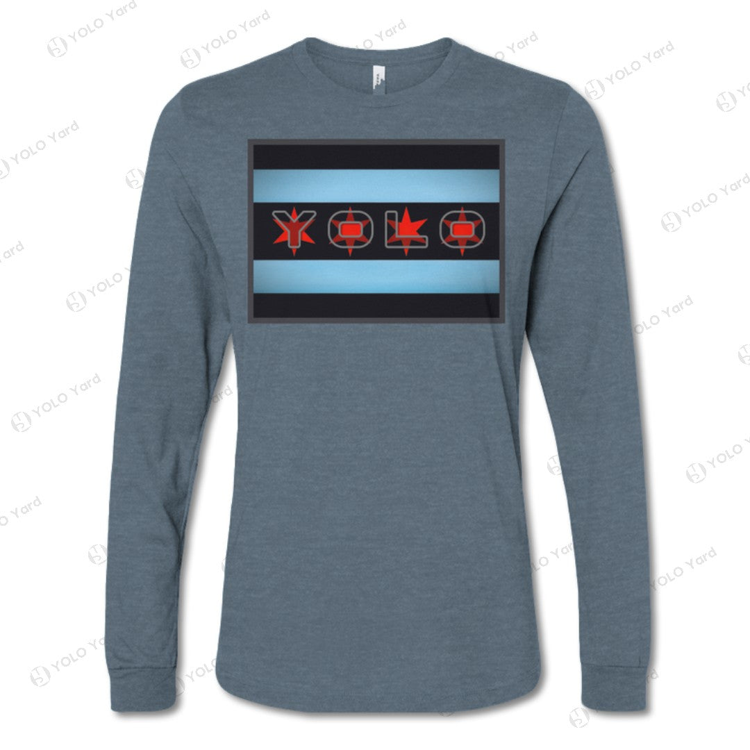 Slate blue YOLO-Chicago Flag Long Sleeve Crew T-Shirt featuring a red YOLO design and Chicago flag-inspired stripes.