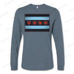 Slate blue YOLO-Chicago Flag Long Sleeve Crew T-Shirt featuring a red YOLO design and Chicago flag-inspired stripes.