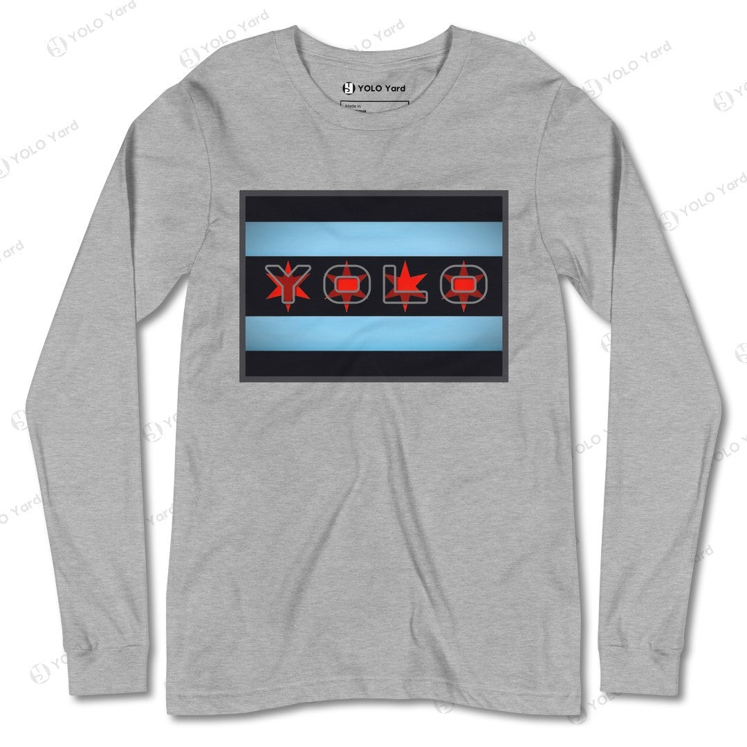 Heather gray YOLO-Chicago Flag Long Sleeve Crew T-Shirt with a vibrant red YOLO graphic and Chicago flag design.