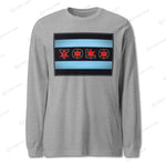 Gray YOLO-Chicago Flag Long Sleeve Crew T-Shirt styled with a black puffer vest, featuring a bold red YOLO logo.