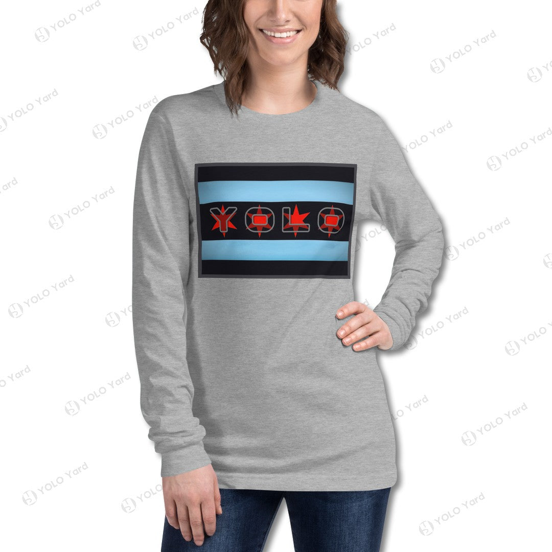 Gray YOLO-Chicago Flag Long Sleeve Crew T-Shirt styled with a black puffer vest, featuring a bold red YOLO logo.