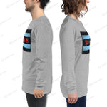 Gray YOLO-Chicago Flag Long Sleeve Crew T-Shirt styled with a black puffer vest, featuring a bold red YOLO logo.