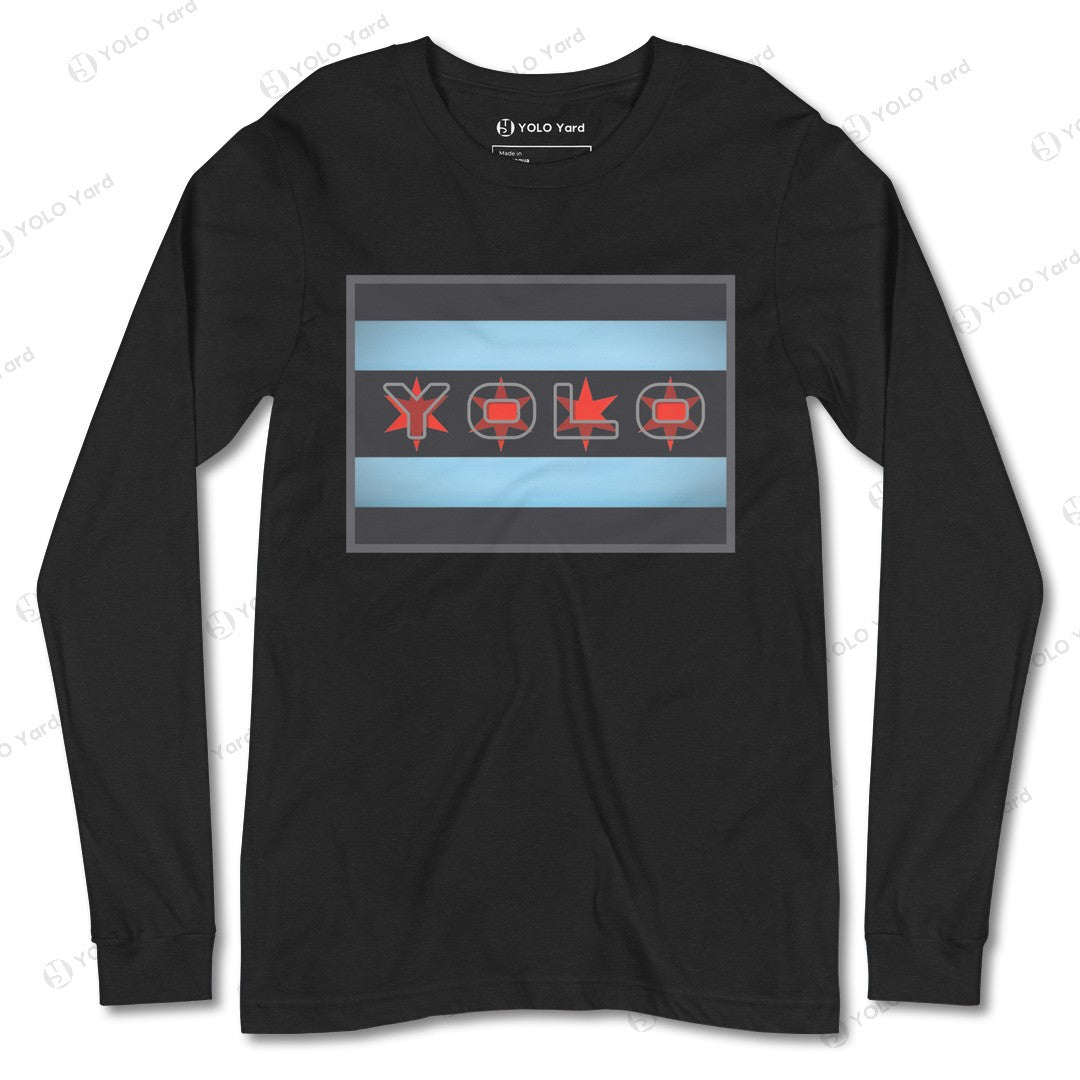 Black YOLO-Chicago Flag Long Sleeve Crew T-Shirt with red YOLO lettering and Chicago flag-inspired design.