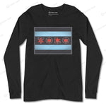 Black YOLO-Chicago Flag Long Sleeve Crew T-Shirt with red YOLO lettering and Chicago flag-inspired design.