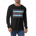 Black YOLO-Chicago Flag Long Sleeve Crew T-Shirt styled casually with jeans, showcasing a bold red YOLO logo.